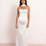 Satin Draped Dress with Heart Neckline