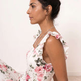 Pleated Floral Midi Dress with Ruffles