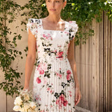 Pleated Floral Midi Dress with Ruffles