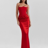 Satin Long Dress with Strapless Neckline