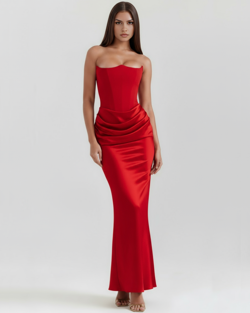 Satin Long Dress with Strapless Neckline