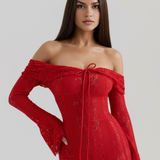 Long lace dress with bardot neckline