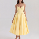 Midi dress with corset and wide skirt