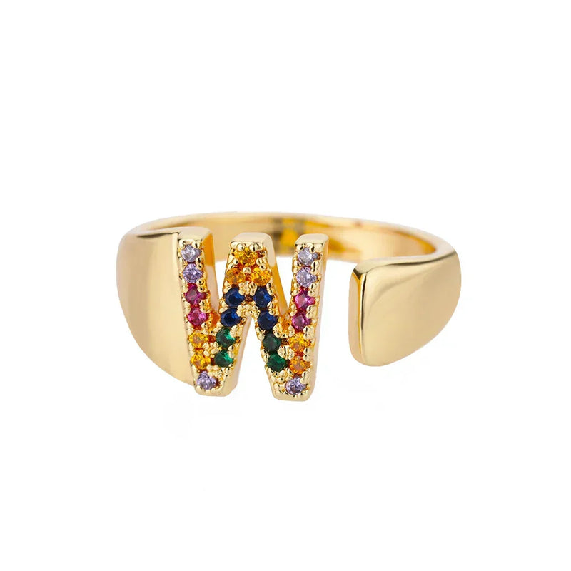 W - Golden stainless steel ring with initial letter