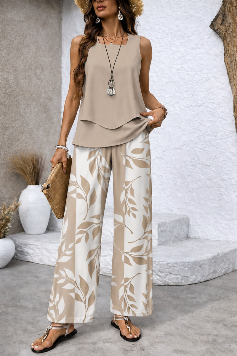 Ernestina™ | Natural Set Beige Blouse and Botanical Pants