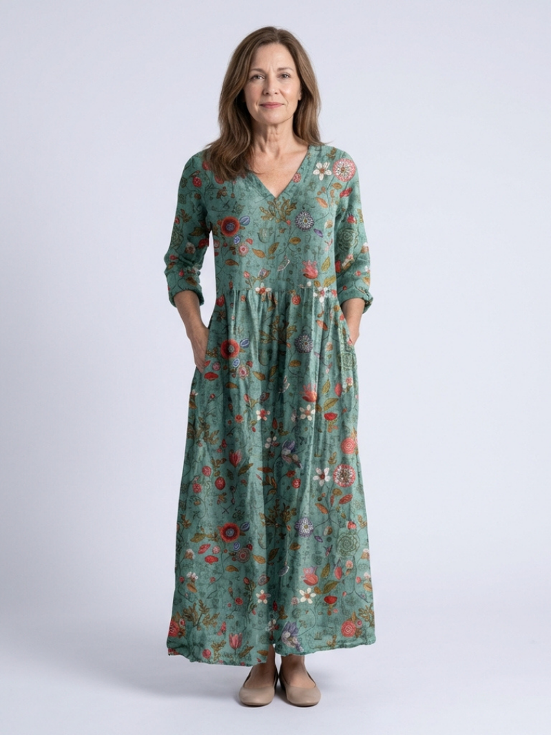 Marina™ | Floral maxi dress with V-neck and three-quarter sleeves