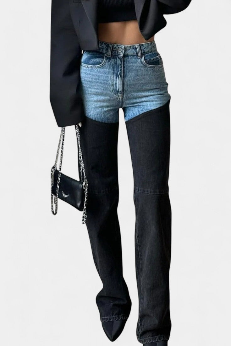 Mijie High-Waisted Jeans with Patchwork and Straight Leg