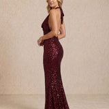Long sequin dress with halter neckline