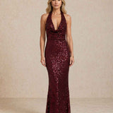 Long sequin dress with halter neckline