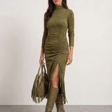 High-neck draped dress with fringes
