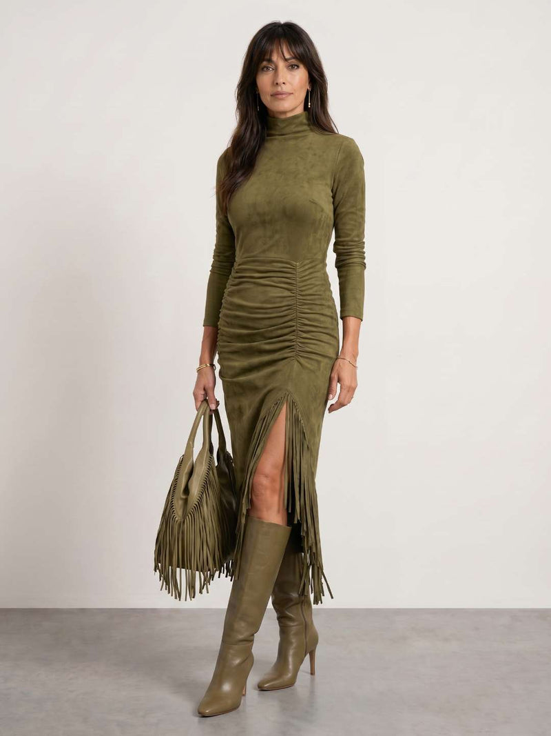 High-neck draped dress with fringes