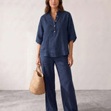 Linen set with batwing sleeves and wide pants