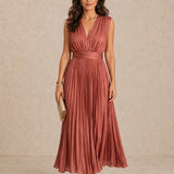 Pleated midi dress with V-neck