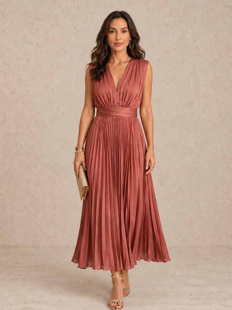 Pleated midi dress with V-neck