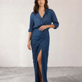 Pleated Shirt Dress with Slit