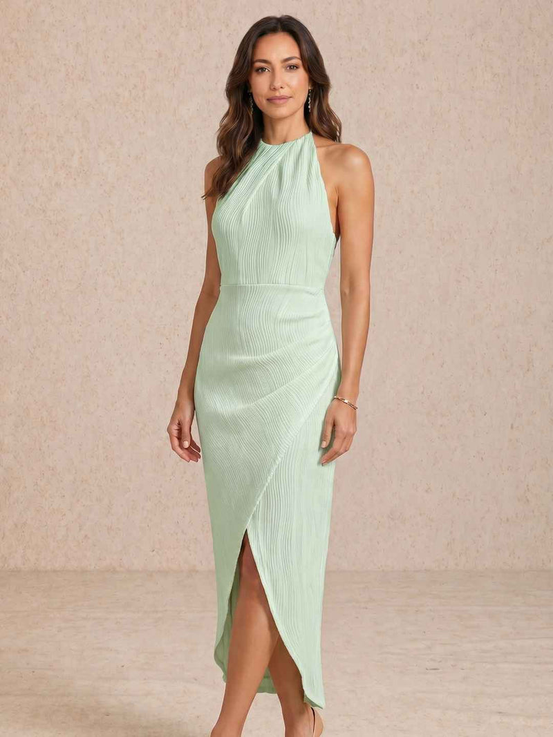 Pleated midi dress with halter neckline