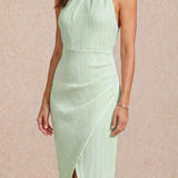 Pleated midi dress with halter neckline