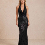Long sequin dress with halter neckline