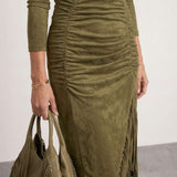 High-neck draped dress with fringes