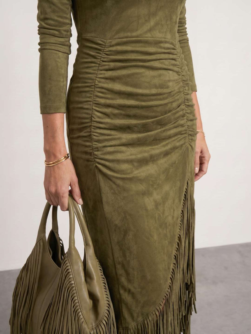High-neck draped dress with fringes