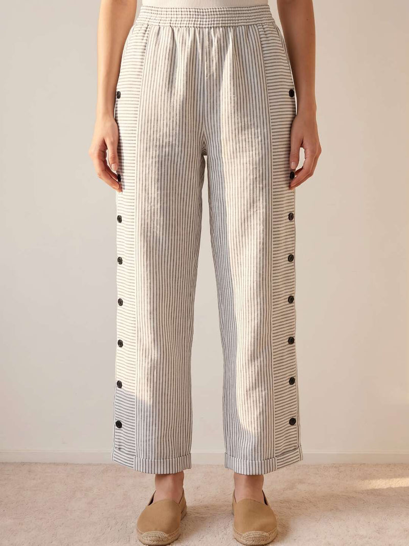 Straight striped pants with side buttons