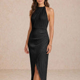 Pleated midi dress with halter neckline