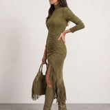 High-neck draped dress with fringes