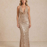 Long sequin dress with halter neckline