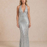 Long sequin dress with halter neckline