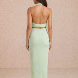 Pleated midi dress with halter neckline