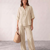 Linen set with batwing sleeves and wide pants