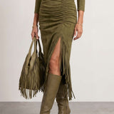 High-neck draped dress with fringes