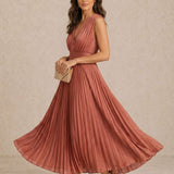 Pleated midi dress with V-neck