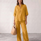 Linen set with batwing sleeves and wide pants