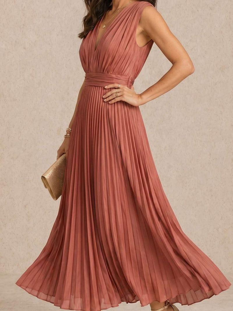 Pleated midi dress with V-neck