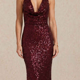 Long sequin dress with halter neckline