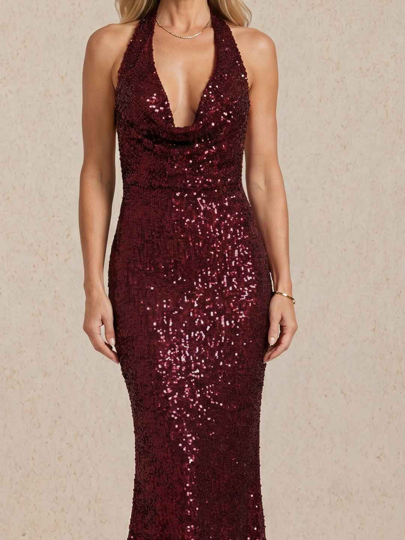 Long sequin dress with halter neckline
