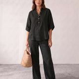 Linen set with batwing sleeves and wide pants