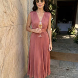 Pleated midi dress with V-neck