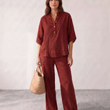 Linen set with batwing sleeves and wide pants