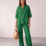 Linen set with batwing sleeves and wide pants