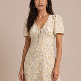 Short floral dress with gathered neckline