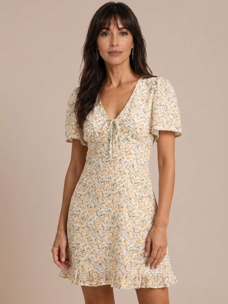 Short floral dress with gathered neckline