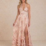 Long dress with halter neckline and slit