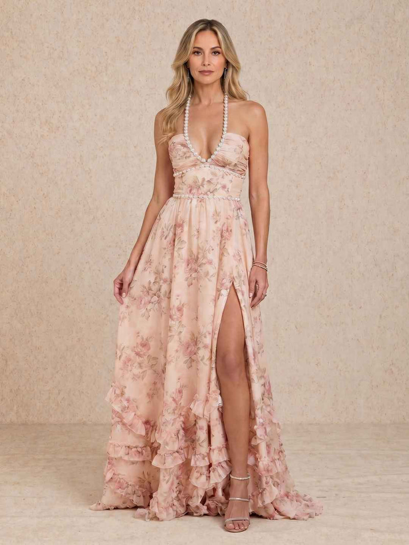 Long dress with halter neckline and slit