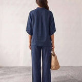 Linen set with batwing sleeves and wide pants