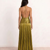 Long pleated dress with halter neck
