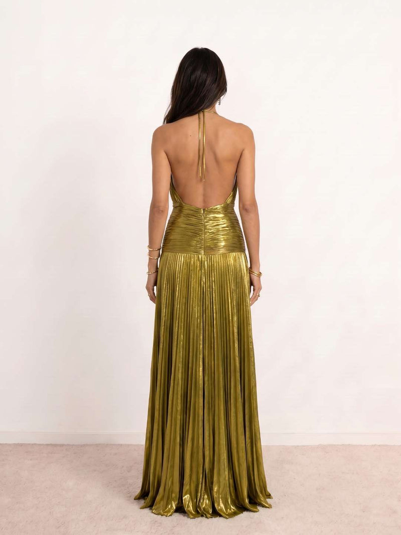 Long pleated dress with halter neck