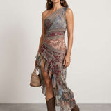 Printed tulle dress with ruffles
