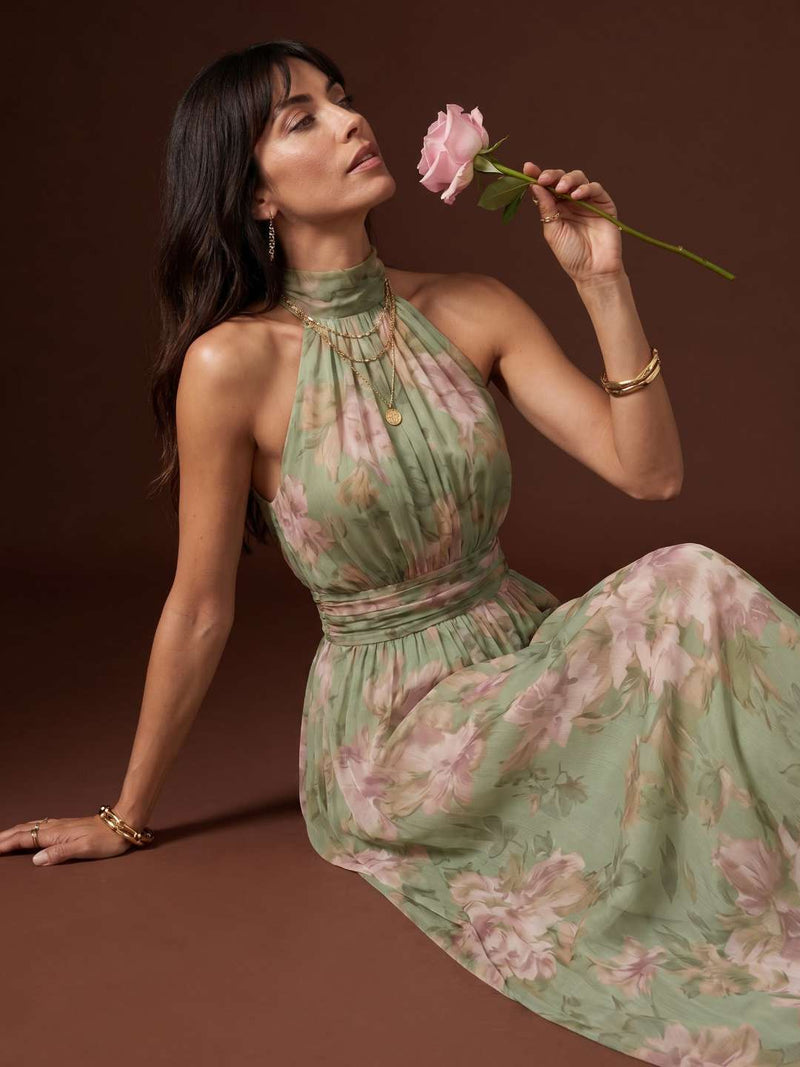 Long dress with halter neck and floral print